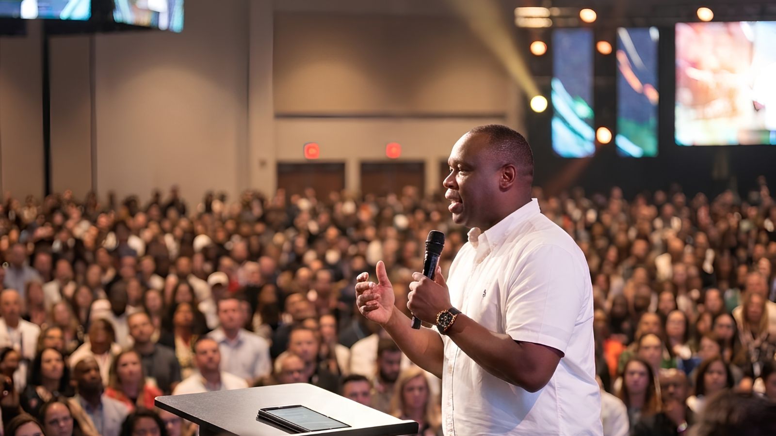 Antwann Richardson speaking into a microphone to a packed conference hall